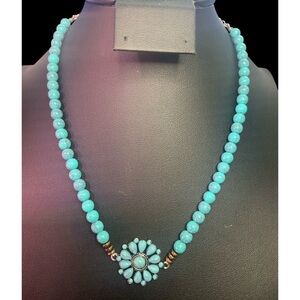 Faux Turquoise Beaded Necklace with Floral Pendant